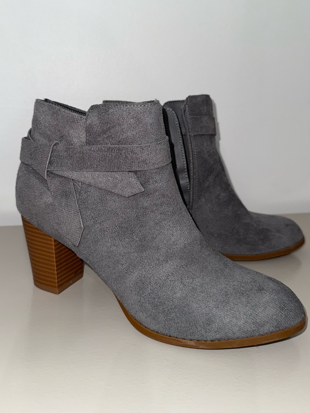 Grey Suede Ankle Booties with Block Heel